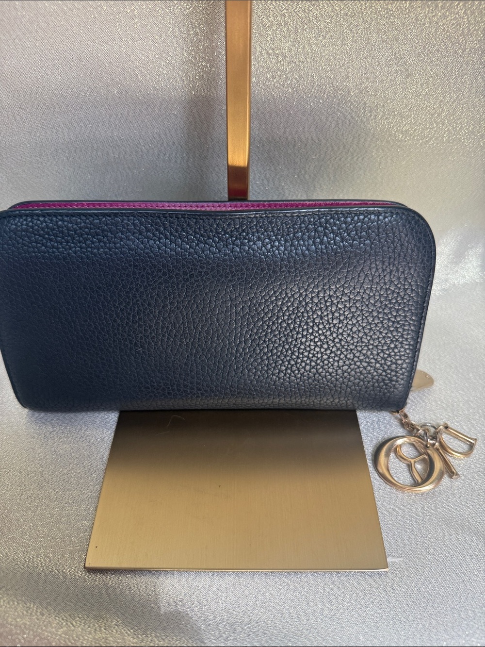 Dior Black Pebbled Leather Zip Long Wallet with Fuschia Trim and Inside